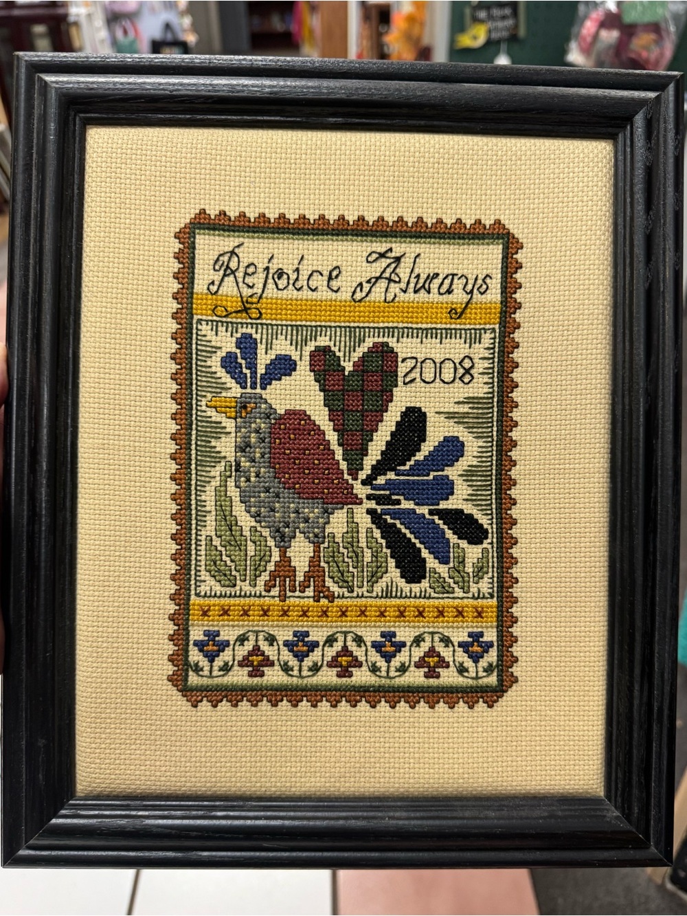 Framed Completed Cross Stitch Sampler Rejoice Always Folk Art Bird Cottagecore
